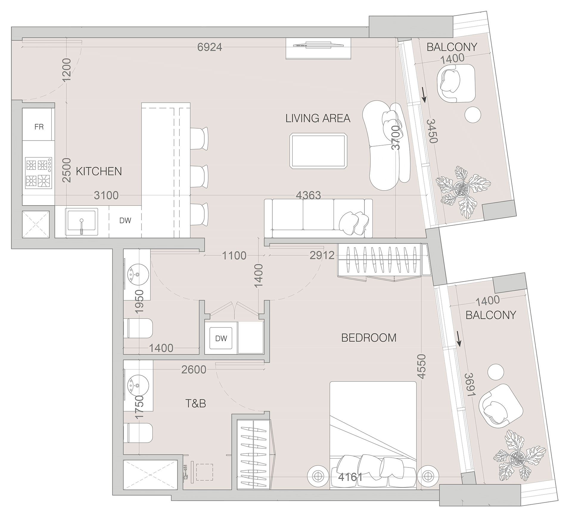 1 BR Type С, 733,88 sq. ft